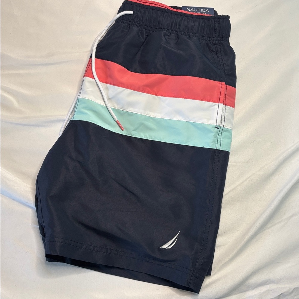 Nautica Navy Swim Trunks with Coral and Mint Stripe